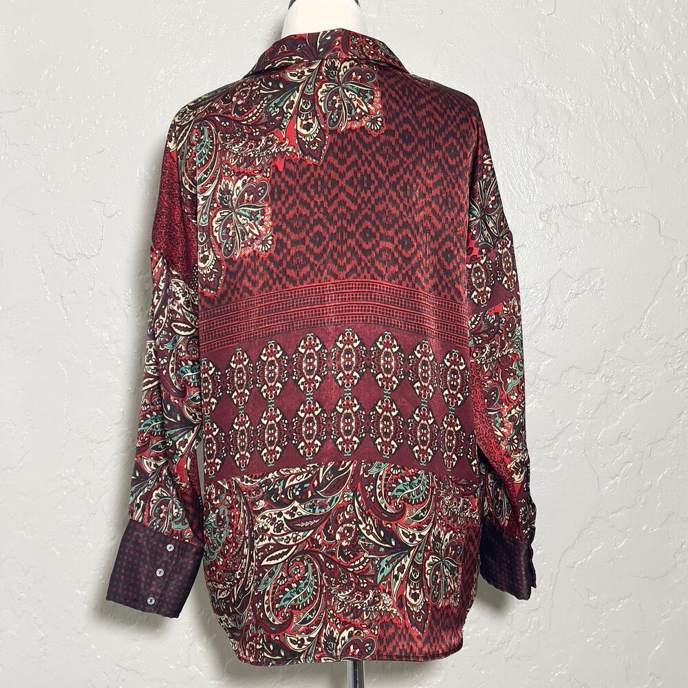 Zara SZ S Red Green Holiday Blouse Button Down Top - Picture 5 of 7